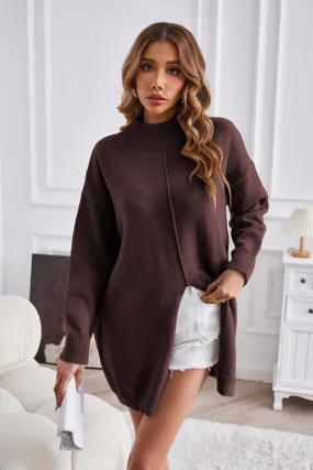 Exposed Seam Mock Neck Slit Sweater