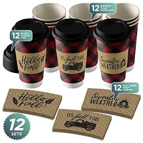 Fall Coffee Sleeves with Design Variety Pack: Kraft Brown with Black Print - Fits Standard Hot Cups (Red and Black Buffalo Plaid With Lids & Kraft Cup Sleeves in Assorted Fall Designs (Serves 12))