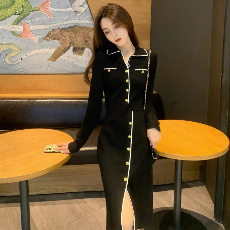 Fashionkova 2000s fashion Autumn and Winter Knitted Dress Women's High-Grade Socialite Elegant Slim Bottoming Long-Sleeved Skirt