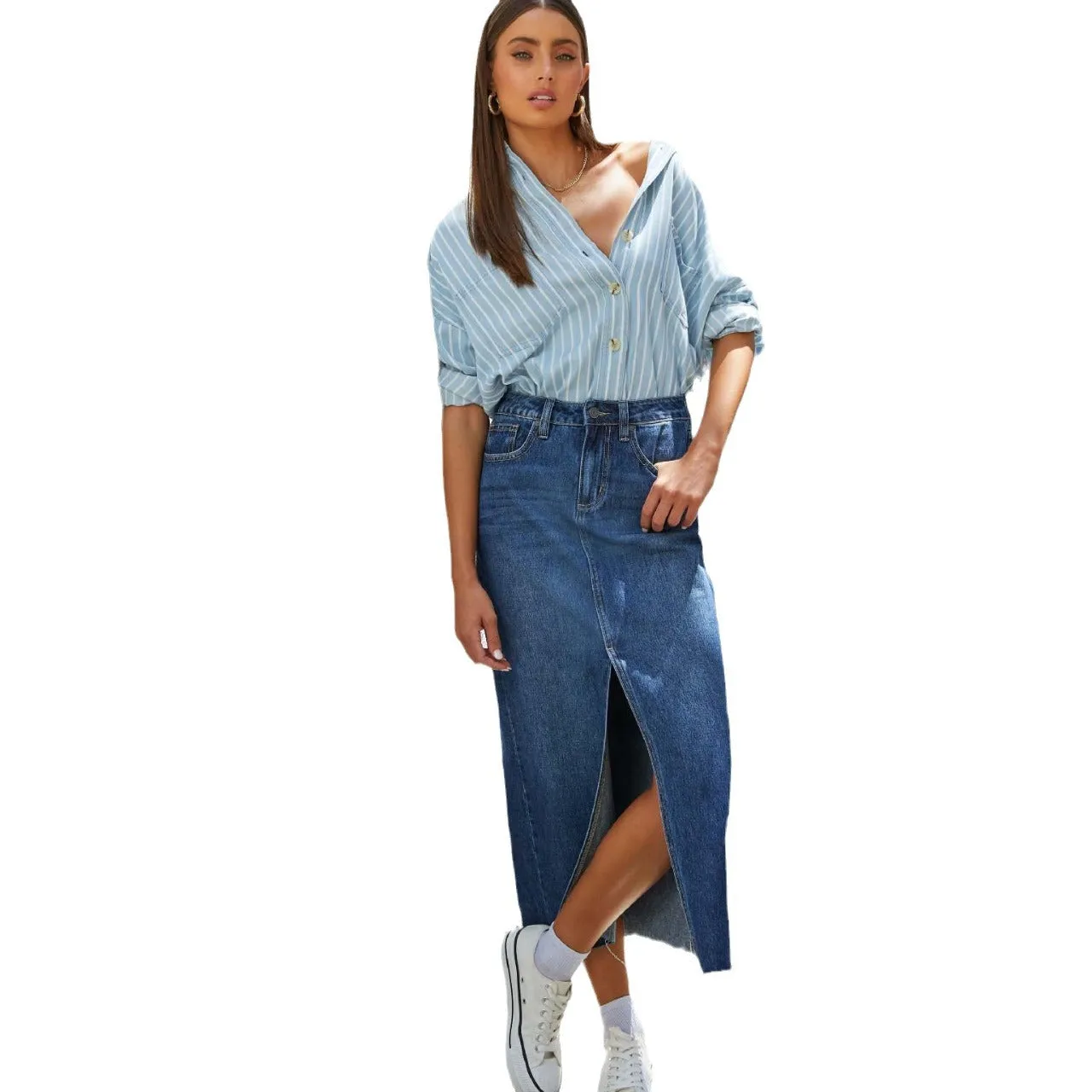 Fashionkova midi skirt outfit fall Sexy Hot Girl Skirt A- Line Split Slimming Denim Skirt 2024 Spring and Summer