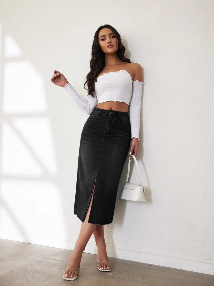 Fashionkova midi skirt outfit fall Sexy Hot Girl Skirt A- Line Split Slimming Denim Skirt 2024 Spring and Summer