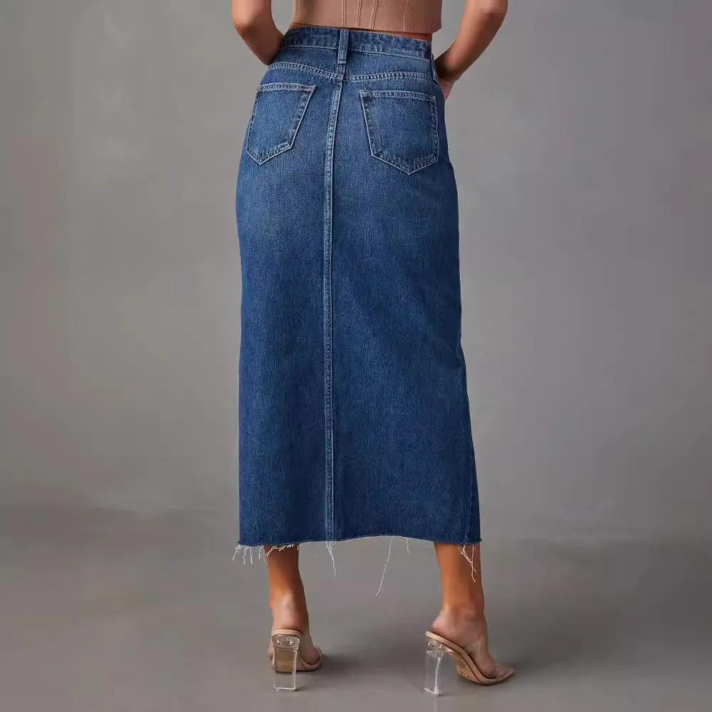 Fashionkova midi skirt outfit fall Sexy Hot Girl Skirt A- Line Split Slimming Denim Skirt 2024 Spring and Summer