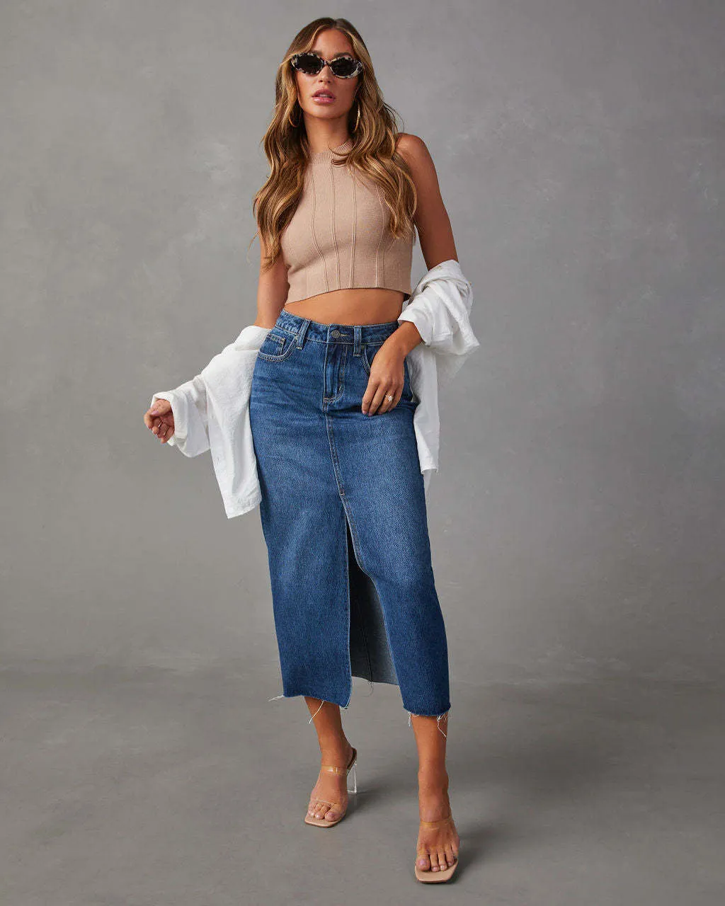 Fashionkova midi skirt outfit fall Sexy Hot Girl Skirt A- Line Split Slimming Denim Skirt 2024 Spring and Summer