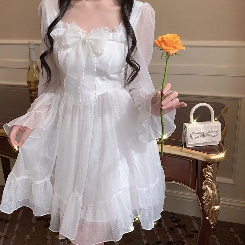 Fashionkova pop culture dress to impress French Sweet First Love Fairy Skirt 2024 Spring and Summer Age-Reducing Bow Waist Slimming Princess Style Mid-Length Dress