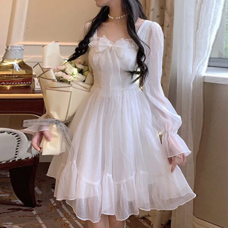 Fashionkova pop culture dress to impress French Sweet First Love Fairy Skirt 2024 Spring and Summer Age-Reducing Bow Waist Slimming Princess Style Mid-Length Dress