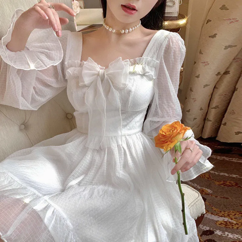 Fashionkova pop culture dress to impress French Sweet First Love Fairy Skirt 2024 Spring and Summer Age-Reducing Bow Waist Slimming Princess Style Mid-Length Dress