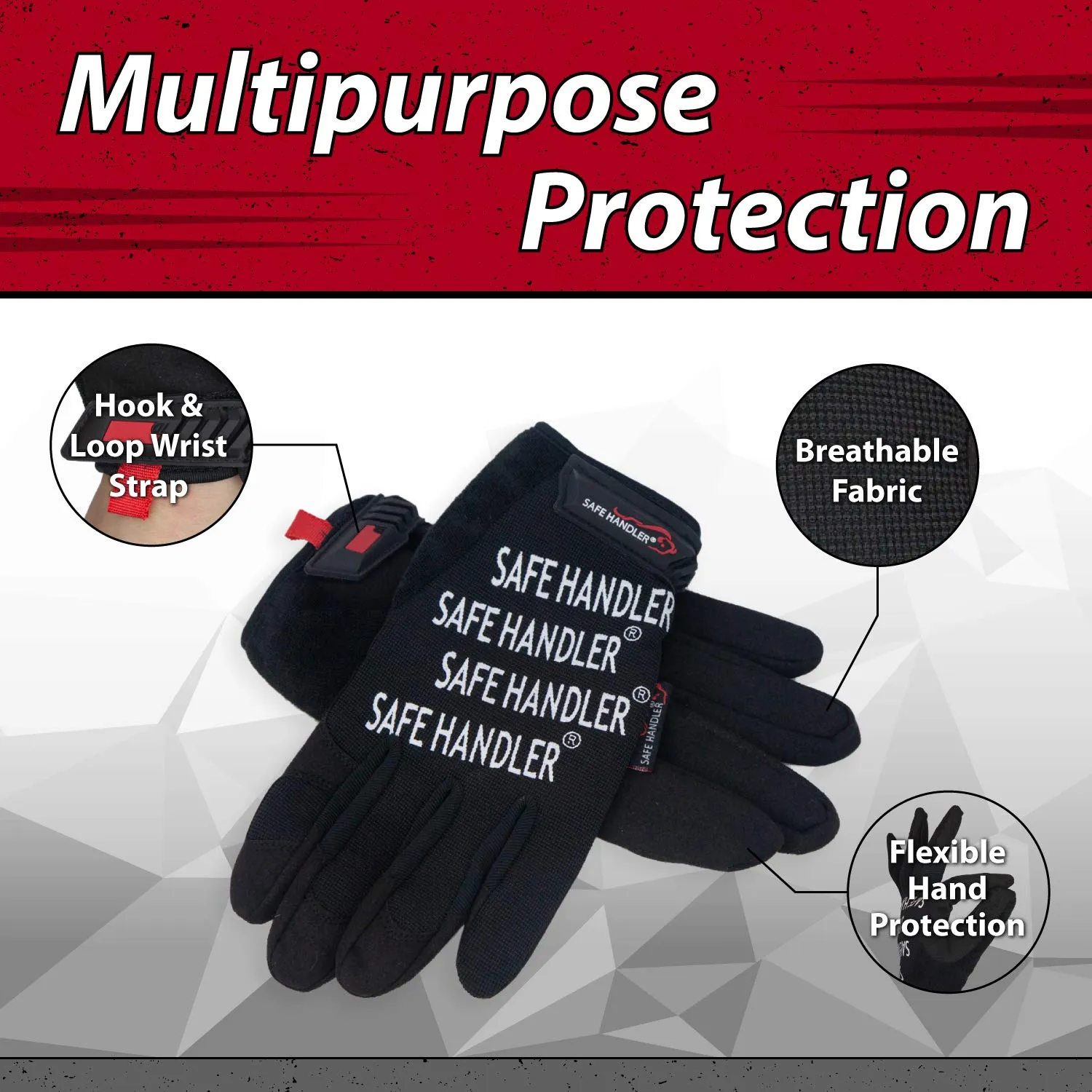 Flexible Hand Protection Mesh Gloves, Hook & Loop, Wrist Strap, Black (3 Pairs)