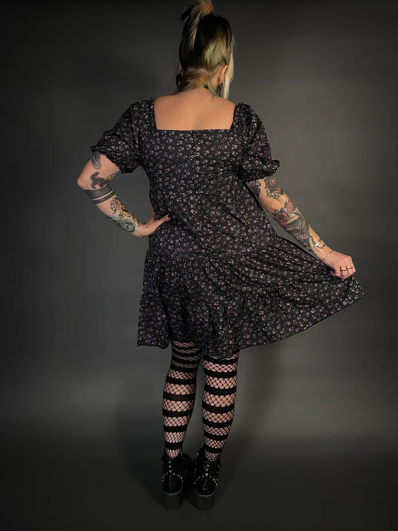 Floral Print French Style Layered Dress with Square Neck Goth / Indie Style