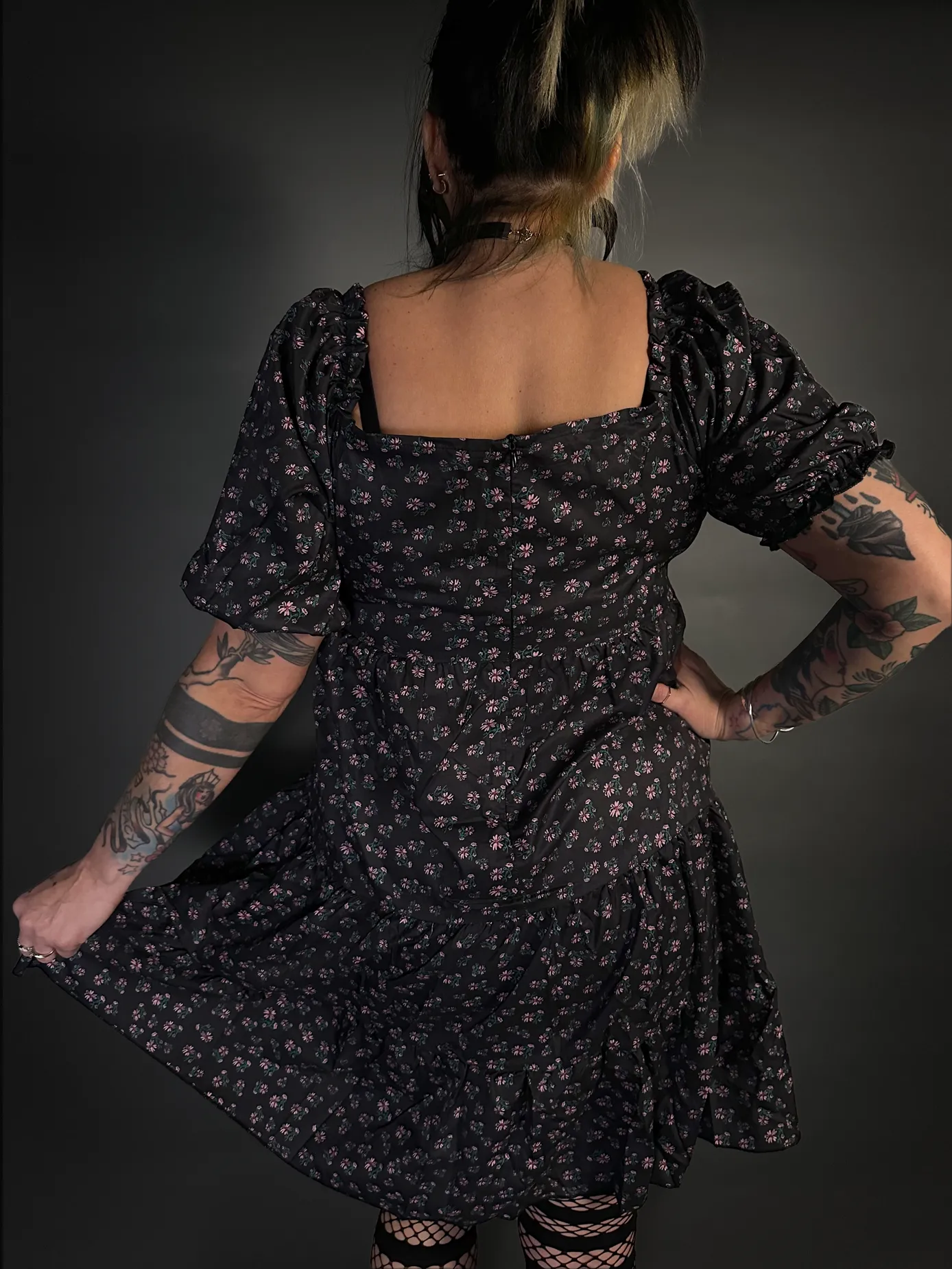 Floral Print French Style Layered Dress with Square Neck Goth / Indie Style