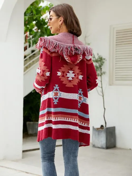 Fringe Geometric Hooded Long Sleeve Cardigan