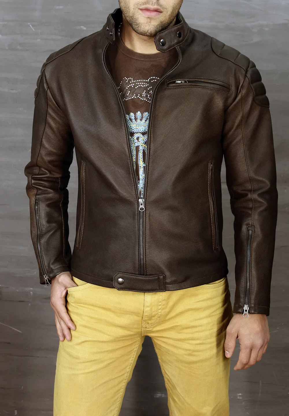 GAMMA Leather Jacket - Distressed Brown Quilted