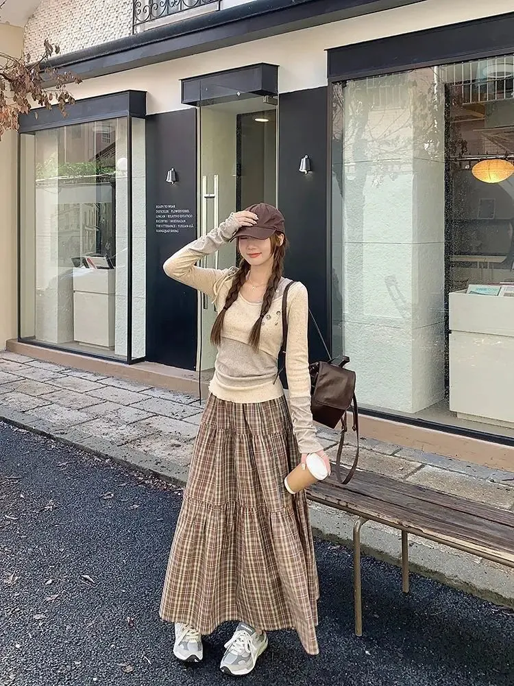 Girlary Plaid Long Skirt Women Vintage Elegant Preppy Style Midi Skirts Harajuku Autumn Winter Casual Streetwear A-line Skirts