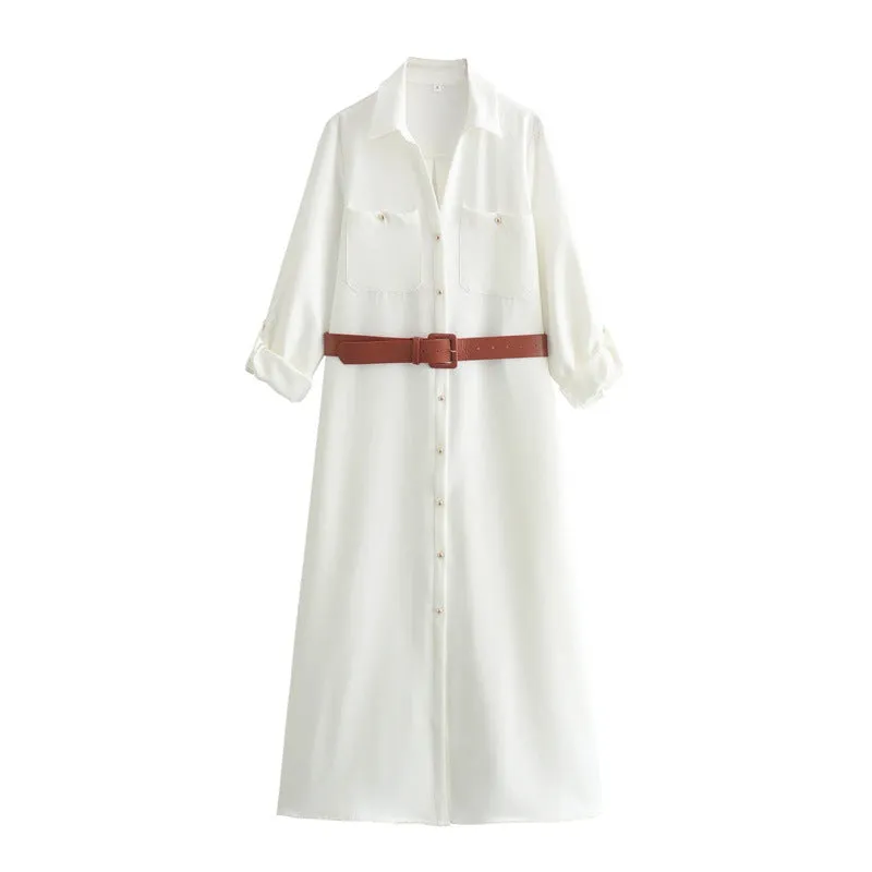 Girlary-shop 2000s fashion 2024 Spring New Women's Style Shirt Collar Belt Decoration Long Dress