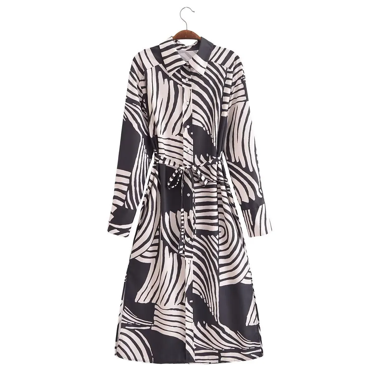 Girlary-shop 2000s fashion 2024 Spring Women's Geometric Pattern Belt Long Shirt Style Dress