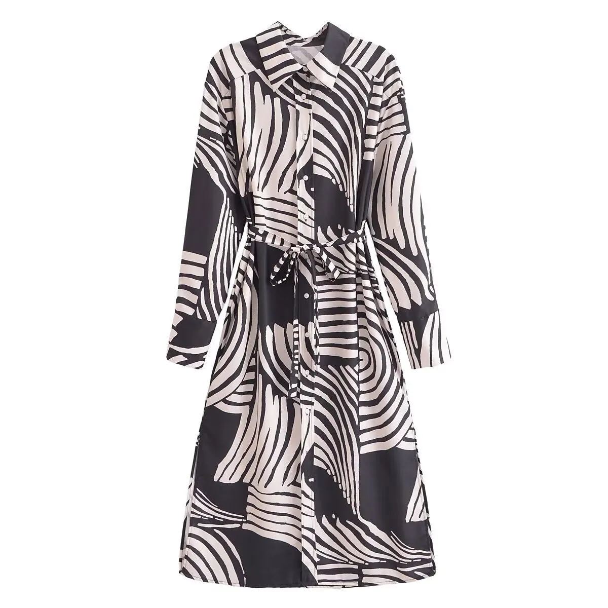 Girlary-shop 2000s fashion 2024 Spring Women's Geometric Pattern Belt Long Shirt Style Dress