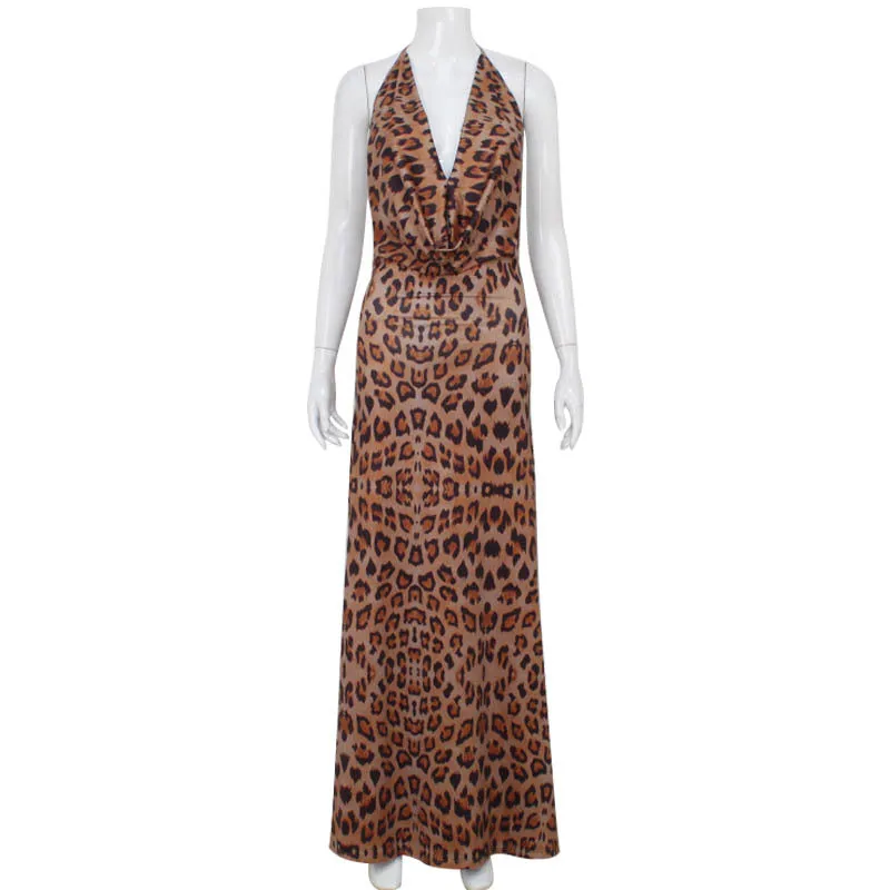 Girlary-shop clothes Fashion Sexy V-neck Backless Leopard Print Halter Lace-up Hot Girl Long Dress