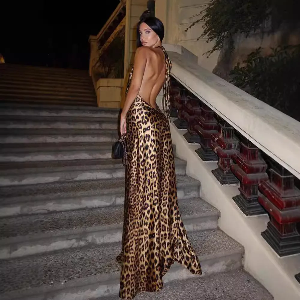 Girlary-shop clothes Fashion Sexy V-neck Backless Leopard Print Halter Lace-up Hot Girl Long Dress