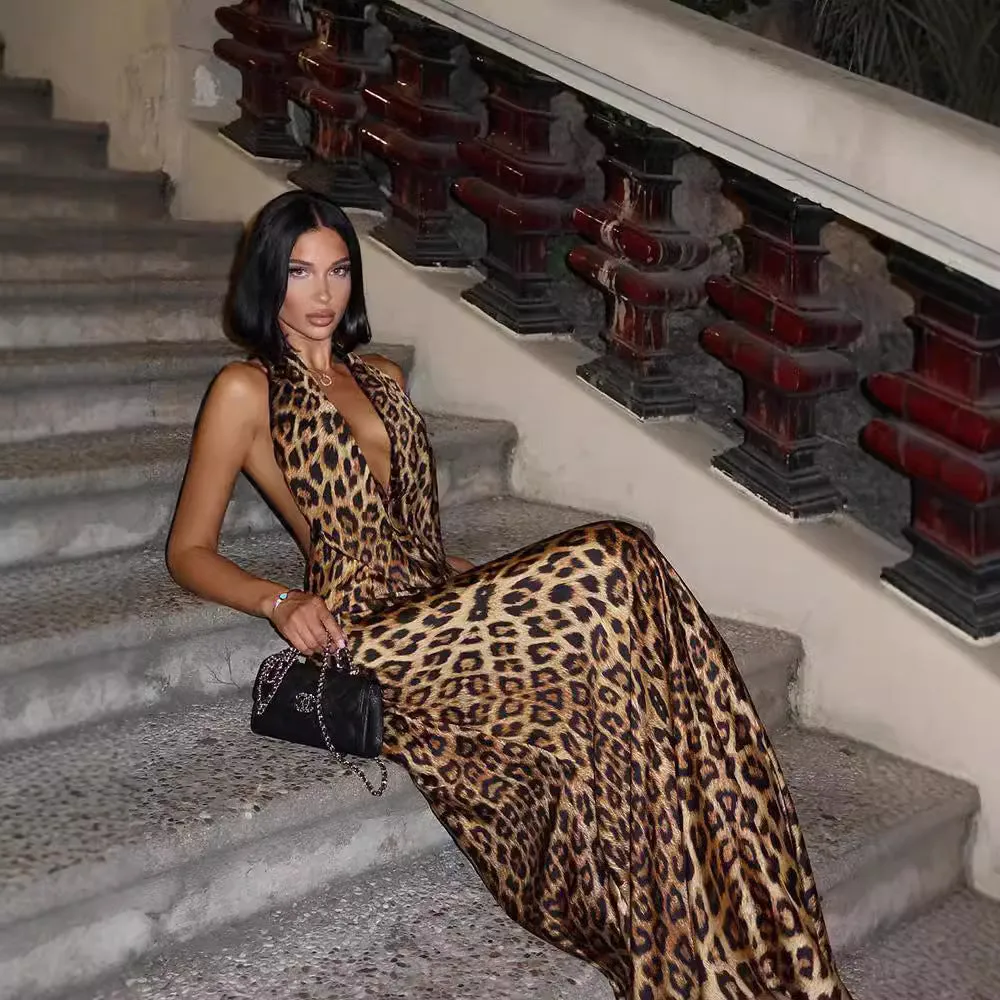 Girlary-shop clothes Fashion Sexy V-neck Backless Leopard Print Halter Lace-up Hot Girl Long Dress