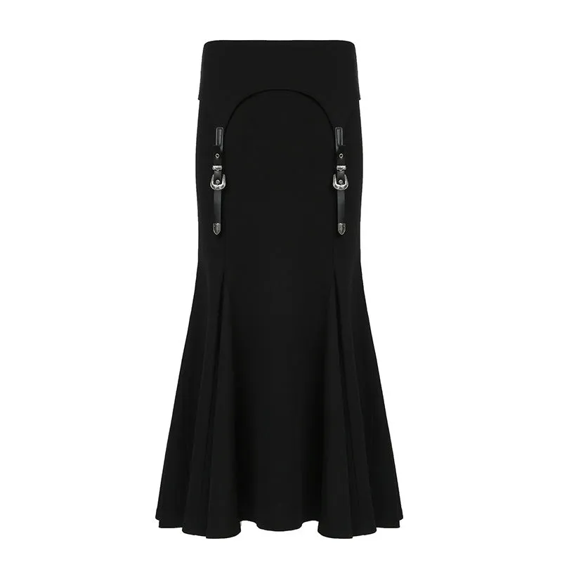 Girlary-shop cybergoth dress to impress Design Metal Buckle Stitching Sheath Fishtail Skirt 2024 Autumn New Dark Hot Girl Style Low Waist Skirt Long Skirt