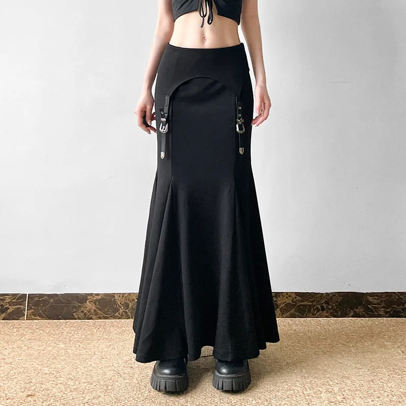 Girlary-shop cybergoth dress to impress Design Metal Buckle Stitching Sheath Fishtail Skirt 2024 Autumn New Dark Hot Girl Style Low Waist Skirt Long Skirt