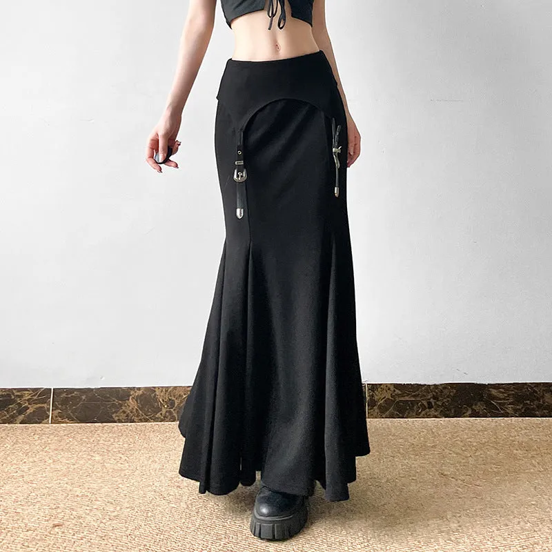 Girlary-shop cybergoth dress to impress Design Metal Buckle Stitching Sheath Fishtail Skirt 2024 Autumn New Dark Hot Girl Style Low Waist Skirt Long Skirt