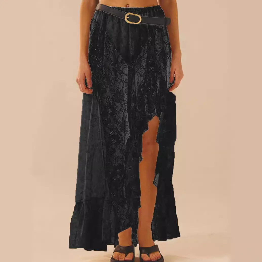 Girlary-shop western outfits women See-through Lace Asymmetric Skirt