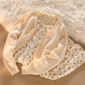 Girlary-shop y2k Fall 2024 New Floral Suspender Skirt Elegant Dress Knitted Cardigan Gentle Wear Autumn Suit