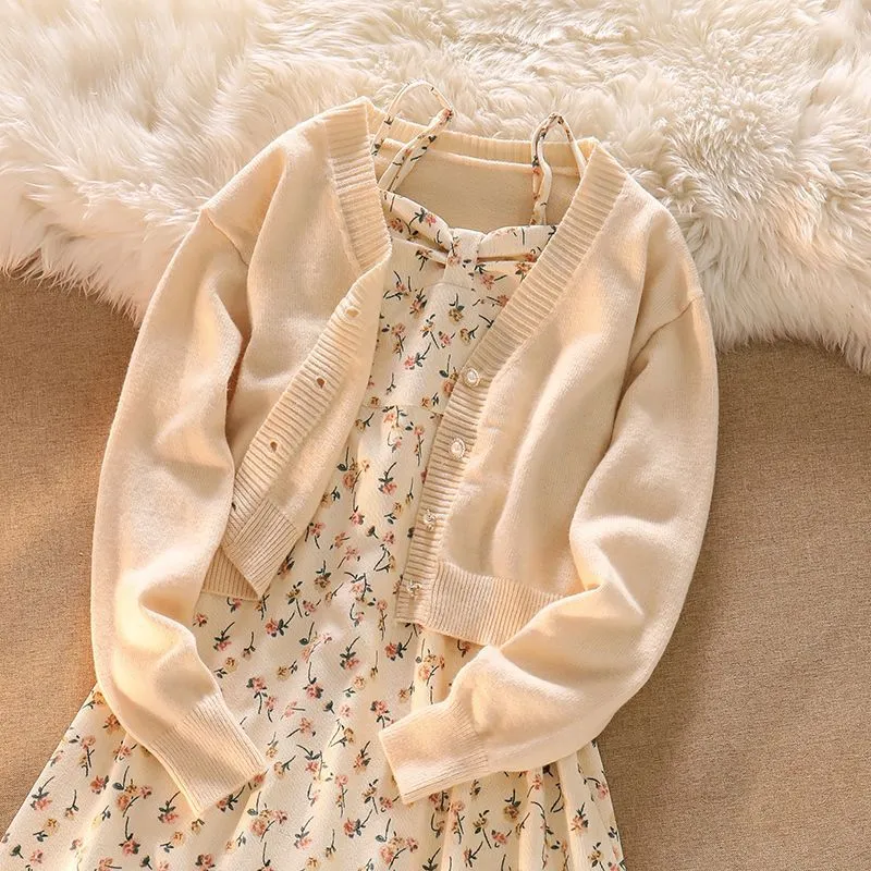 Girlary-shop y2k Fall 2024 New Floral Suspender Skirt Elegant Dress Knitted Cardigan Gentle Wear Autumn Suit