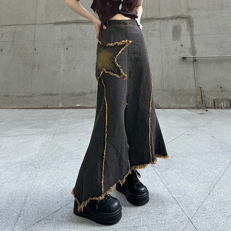 Girlary-shop y2k Personalized Star Pattern Stitching Split Denim Skirt Autumn New Contrast Color Irregular Sheath Skirt