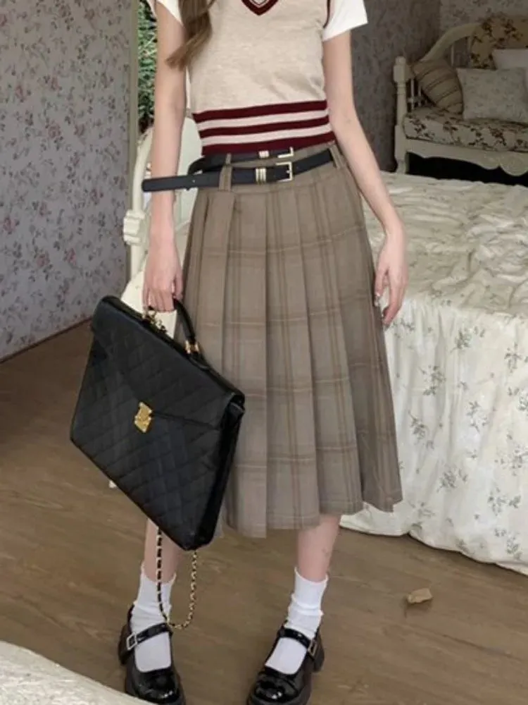 Girlary Vintage Long Plaid Skirt Women High Waist A-line Korean Fashion Preppy Midi Pleated Skirt Autumn Winter School Uniform