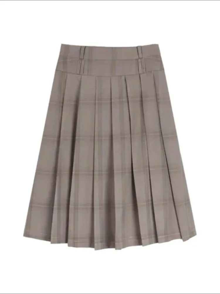 Girlary Vintage Long Plaid Skirt Women High Waist A-line Korean Fashion Preppy Midi Pleated Skirt Autumn Winter School Uniform