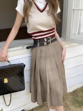 Girlary Vintage Long Plaid Skirt Women High Waist A-line Korean Fashion Preppy Midi Pleated Skirt Autumn Winter School Uniform