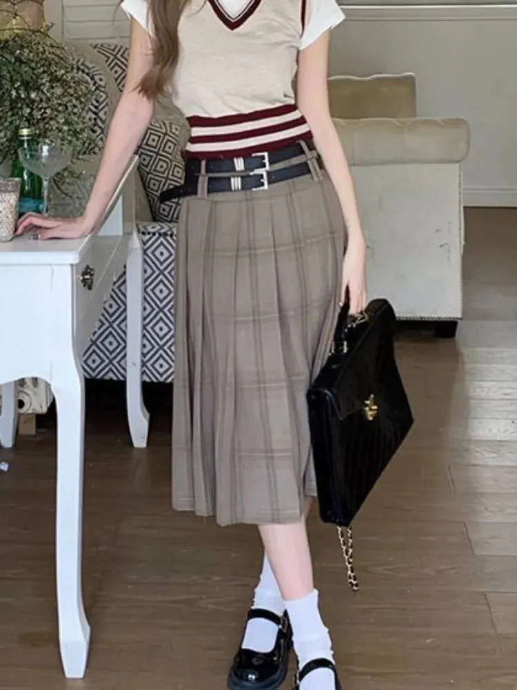 Girlary Vintage Long Plaid Skirt Women High Waist A-line Korean Fashion Preppy Midi Pleated Skirt Autumn Winter School Uniform