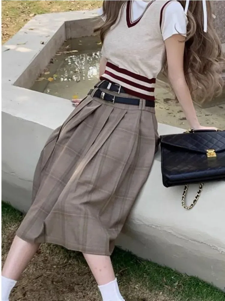 Girlary Vintage Long Plaid Skirt Women High Waist A-line Korean Fashion Preppy Midi Pleated Skirt Autumn Winter School Uniform