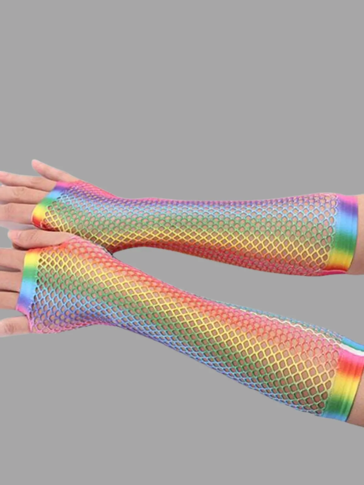 Girls Rainbow Mesh Elbow Fishnet Gloves