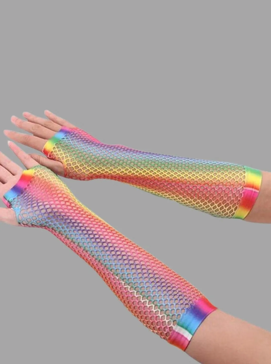 Girls Rainbow Mesh Elbow Fishnet Gloves