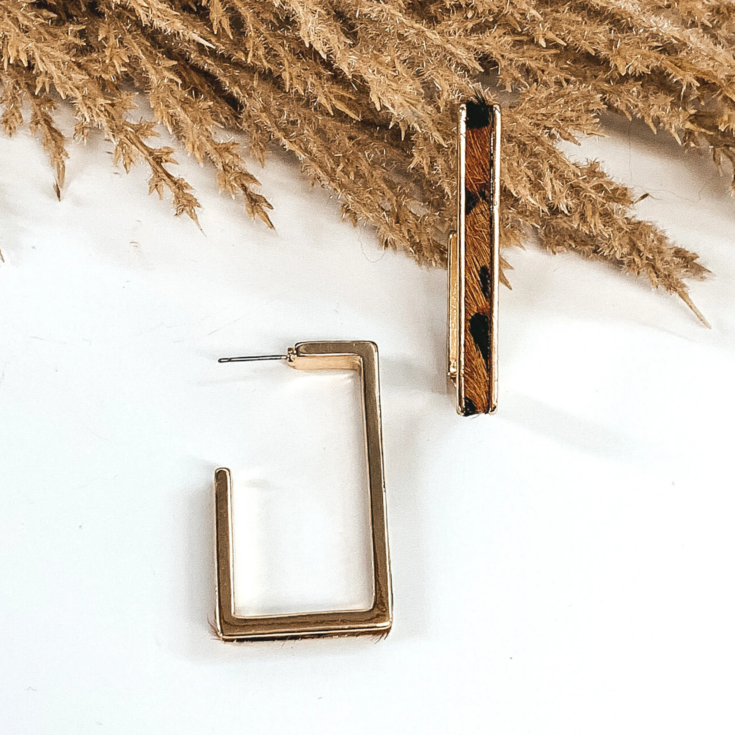 Gold Rectangle Hoops with Cow Hide Inlay in Brown Leopard Print