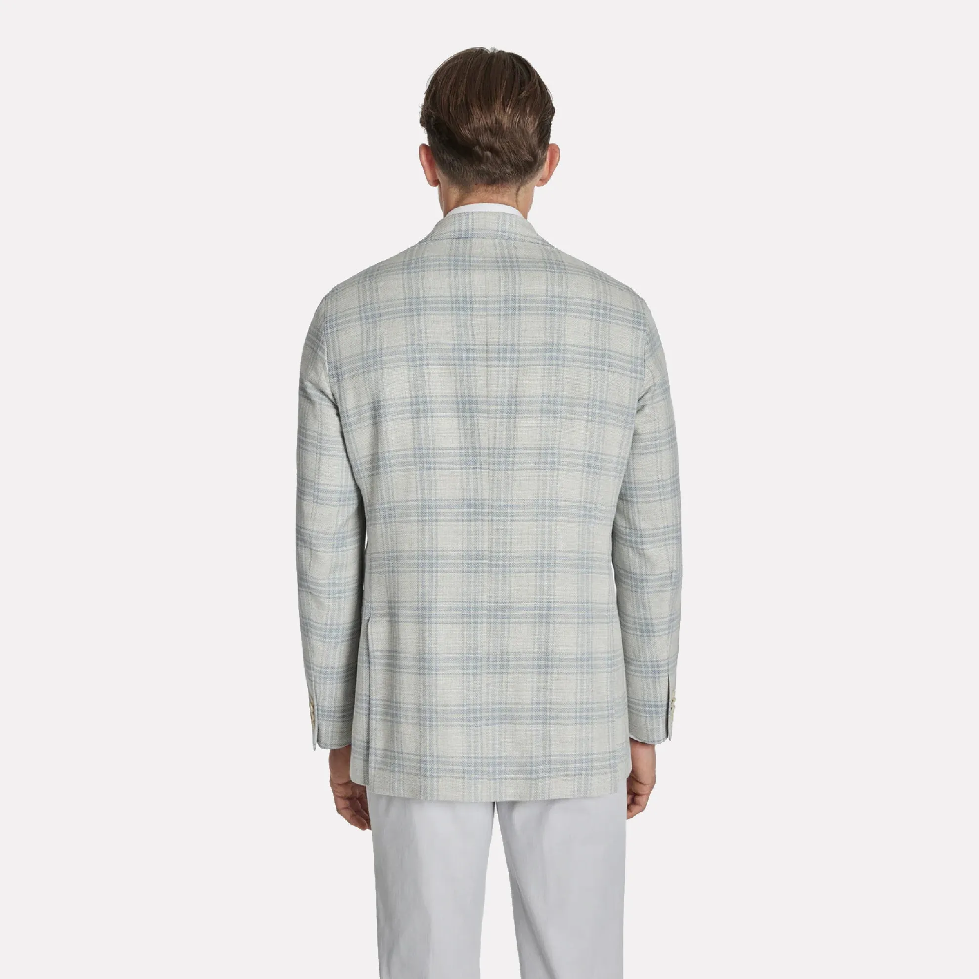 Hampton Contemporary Fit Wool/Linen/Cotton Blend / Grey/Blue Check