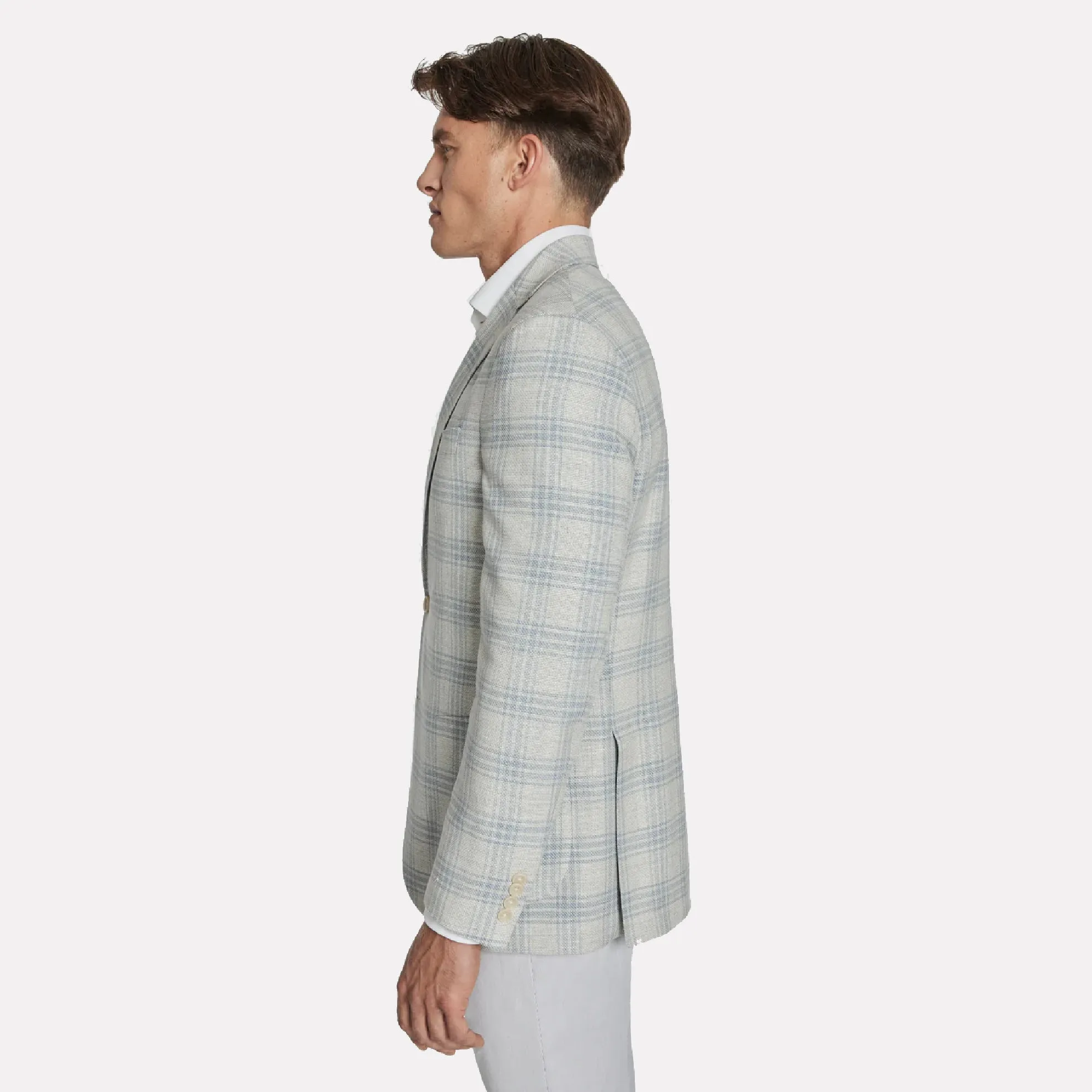 Hampton Contemporary Fit Wool/Linen/Cotton Blend / Grey/Blue Check