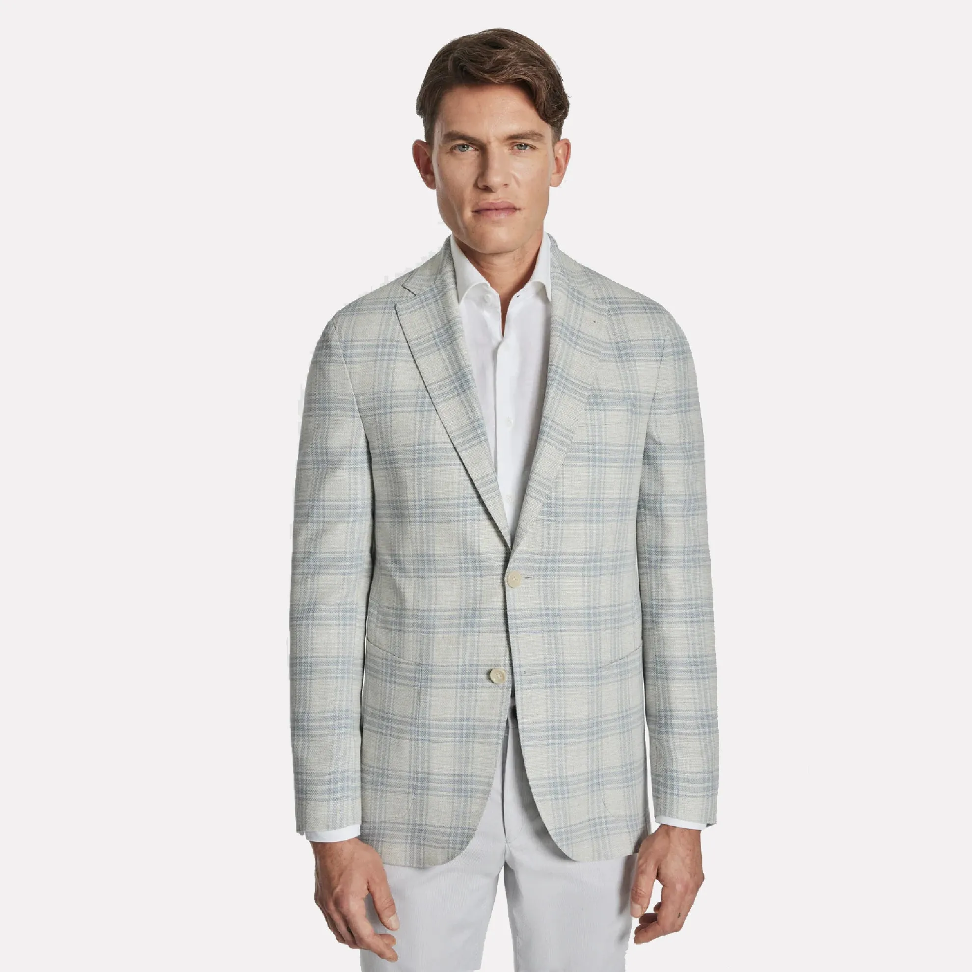 Hampton Contemporary Fit Wool/Linen/Cotton Blend / Grey/Blue Check