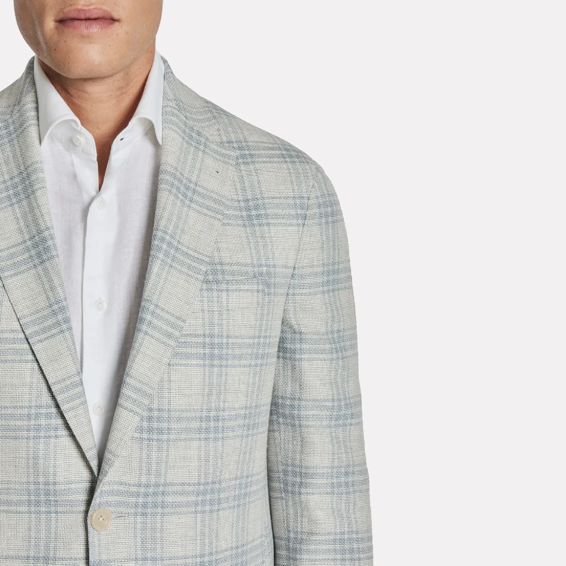 Hampton Contemporary Fit Wool/Linen/Cotton Blend / Grey/Blue Check