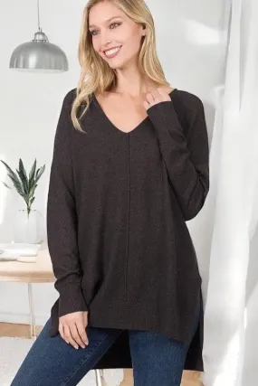 Hi-Low Hem V-Neck Center Seam Sweater