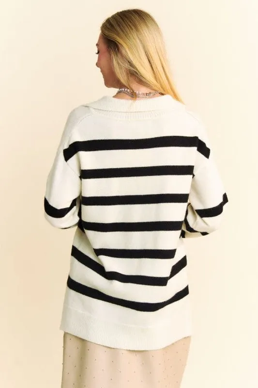 High-Low Side Slit Striped Johnny Collar Sweater