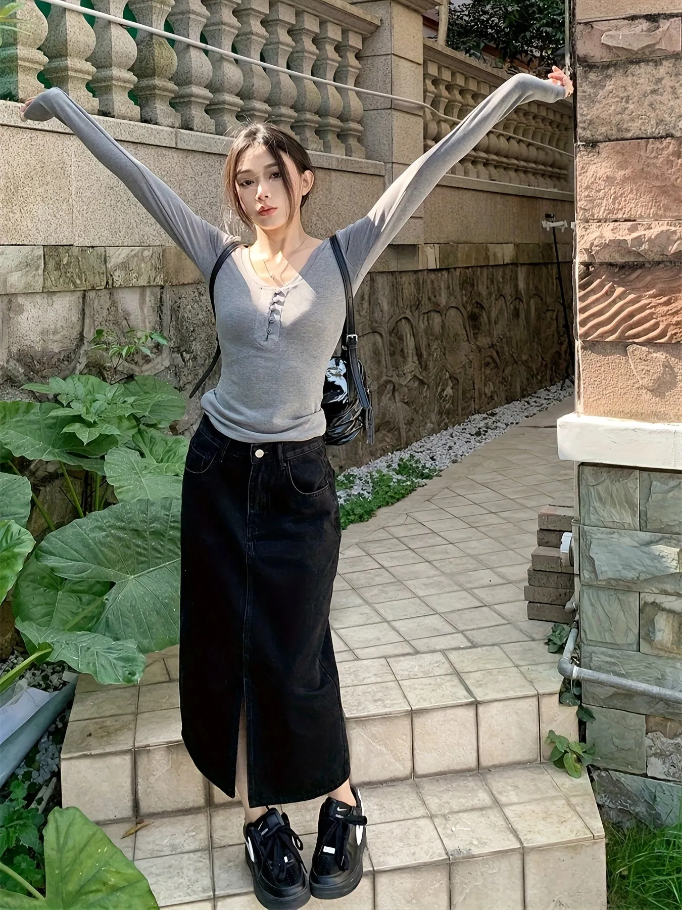 High Waisted Black Solid Color Denim Skirt With Front Slit, Women's Long Midi Jean Skirt, Preppy Style, Casual Chic Streetwear