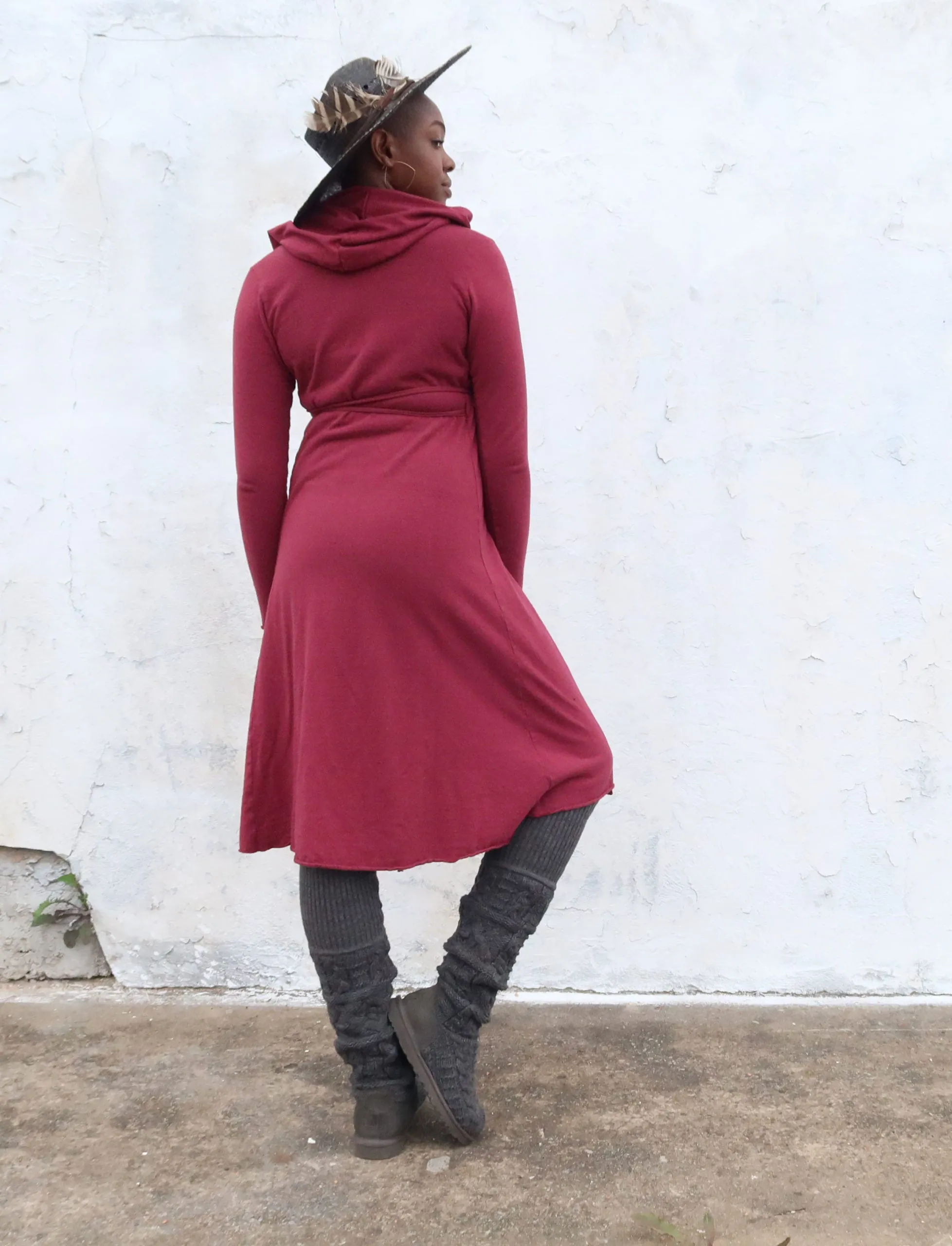 Hooded Wrap Below Knee Dress