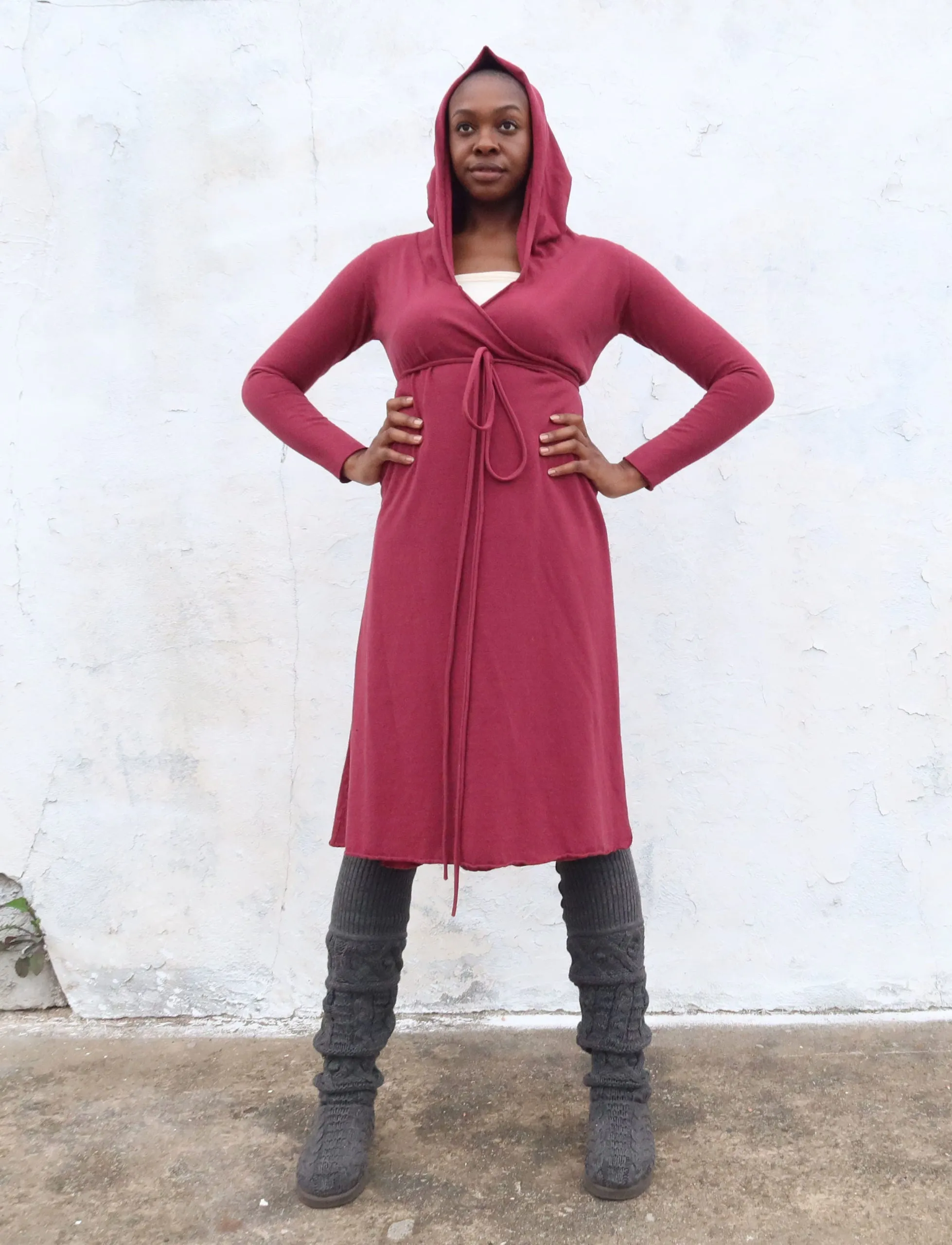 Hooded Wrap Below Knee Dress