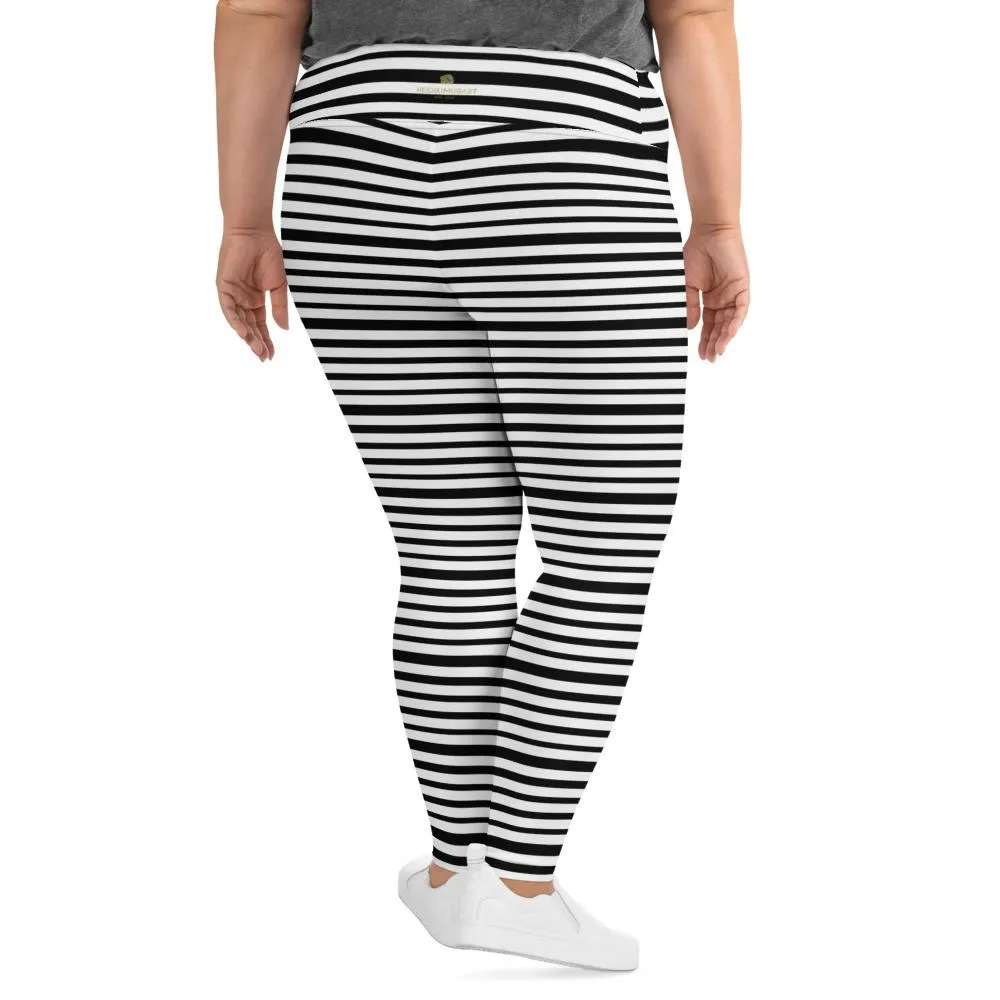 Horizontal White Striped Long Tights, Black Stripe Print Women's Plus Size Leggings Tights- Made in USA/ EU