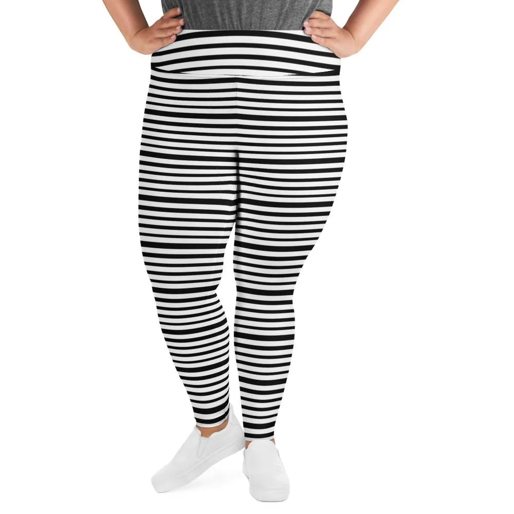 Horizontal White Striped Long Tights, Black Stripe Print Women's Plus Size Leggings Tights- Made in USA/ EU