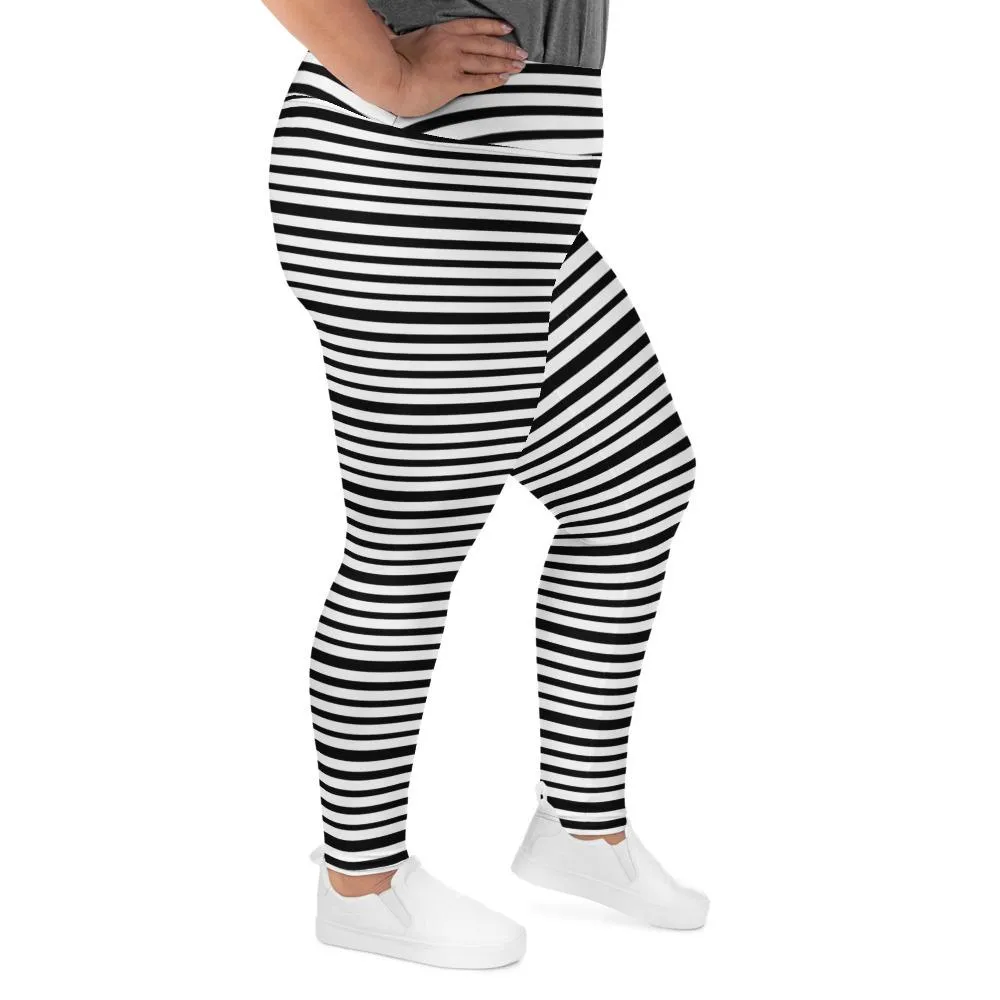 Horizontal White Striped Long Tights, Black Stripe Print Women's Plus Size Leggings Tights- Made in USA/ EU