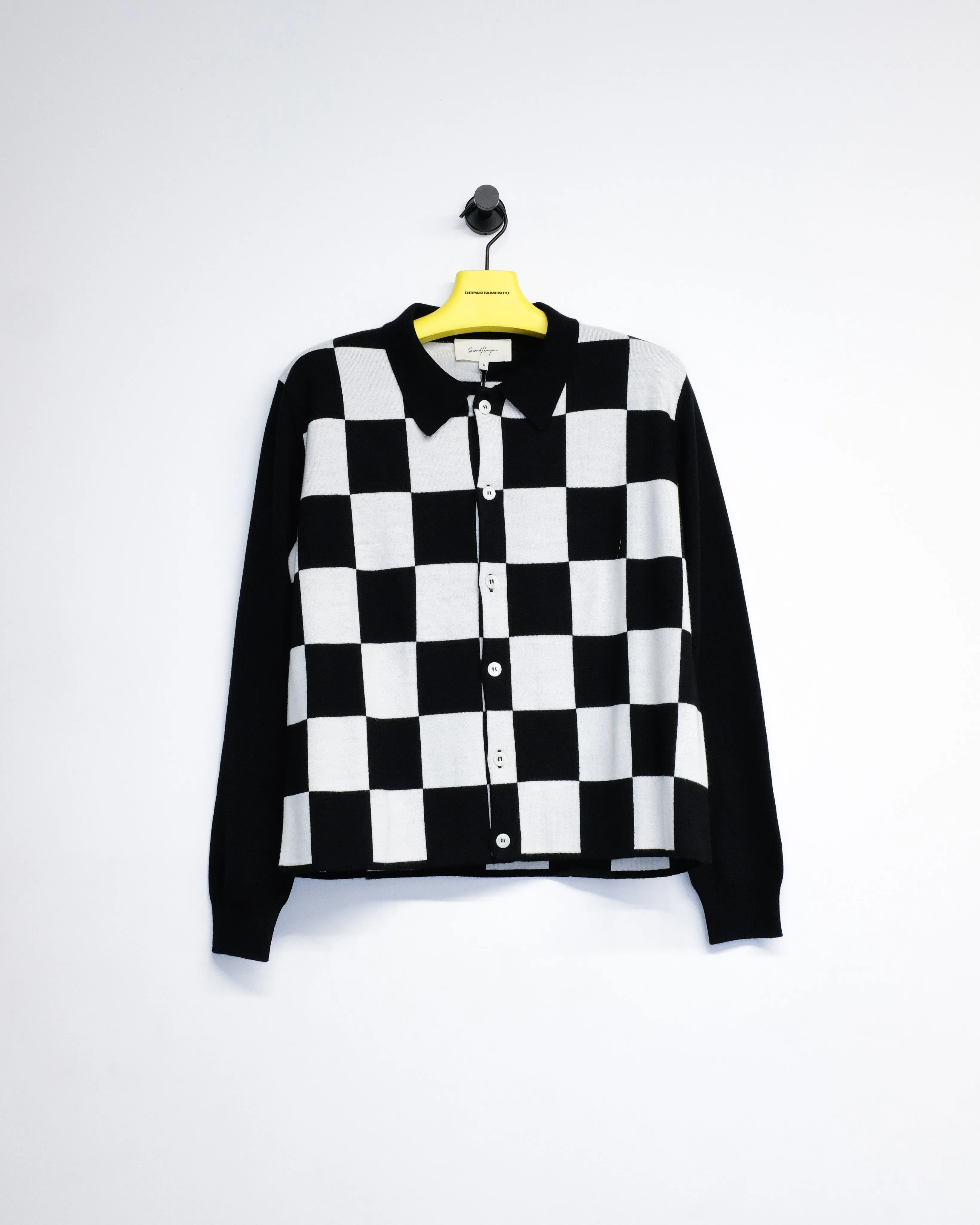 Ivory & Black Wool/Cashmere Checkered Open Collar Button-Up